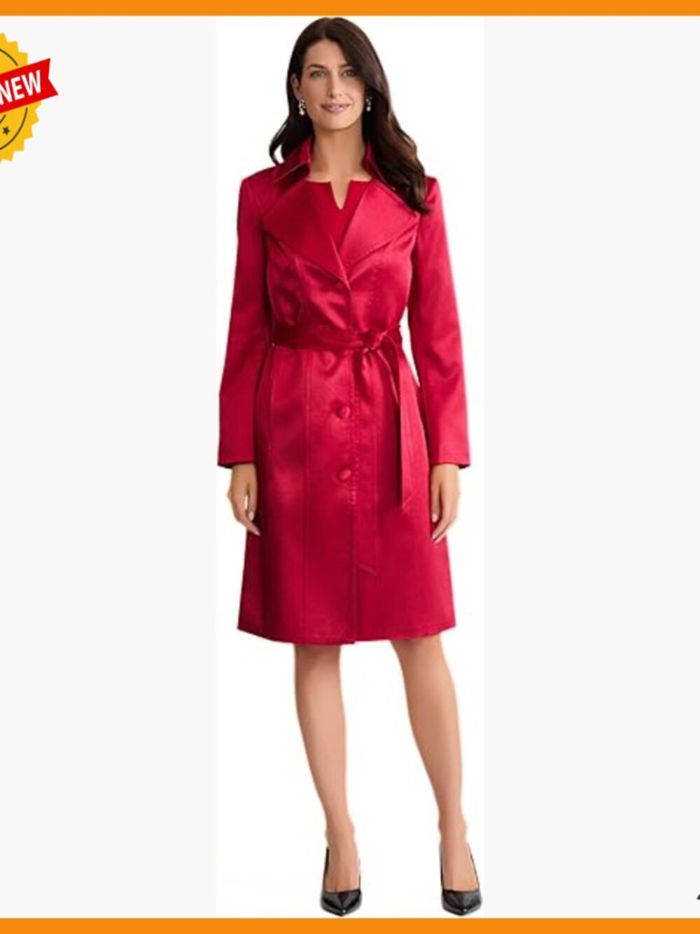 Belted Satin Long Trench Blazer, Tailored Fit, Wrinkle-Resistant